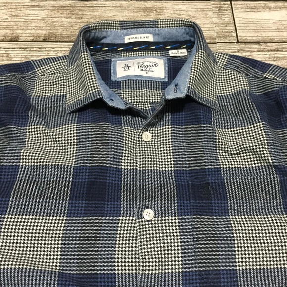 Penguin Heritage Slim Fit Flannel Shirt Men’s M Blue Black Plaid Button Up - Picture 7 of 9